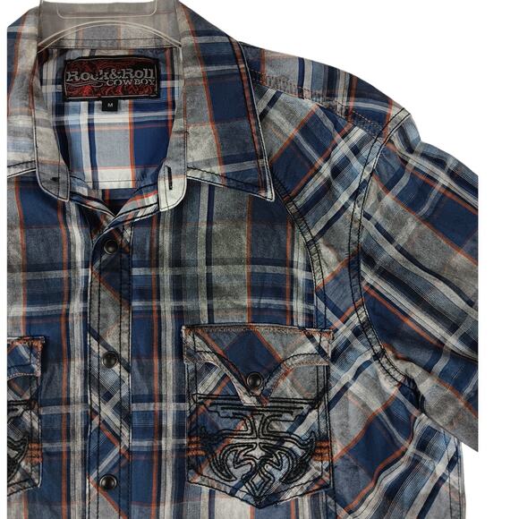 Rock & Roll Cowboy Western Shirt Mens M Smoke Plaid Blue Pearl Snap Embroidered - Picture 1 of 13